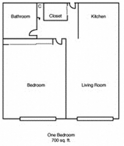 Floor plan for 1 bed, 1 bath, 700 sqft